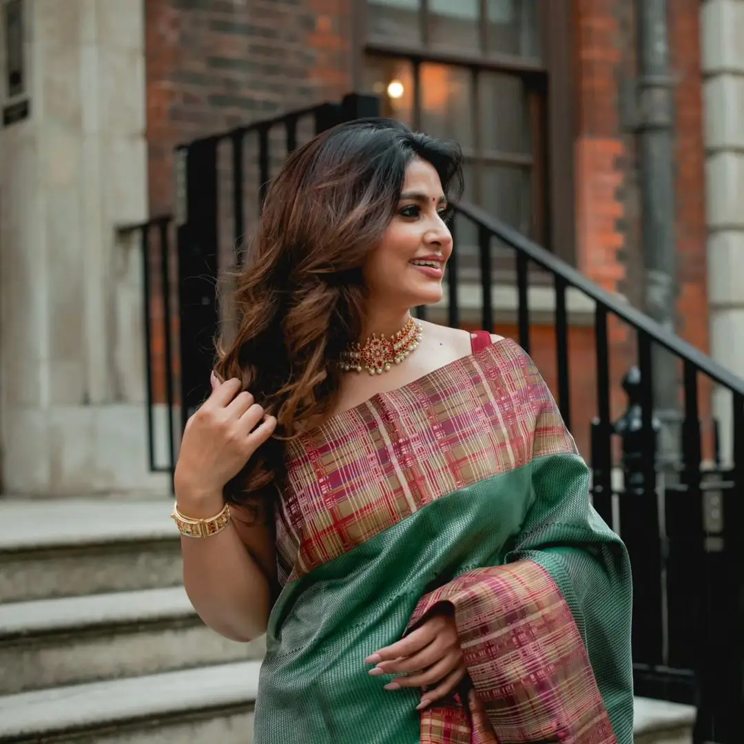 Sneha Wearing Beautiful Earrings Jewellery Green Saree Maroon Blouse